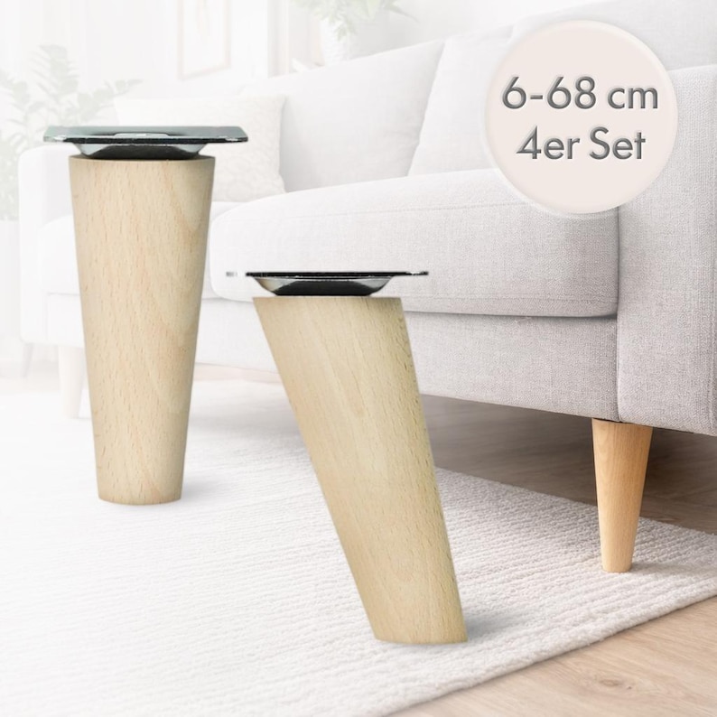 Set of 4 furniture legs, beech wood – straight & angled – furniture legs for sofa, cabinet, chest of drawers – DIY – 6 cm to 68 cm – M8 image 2