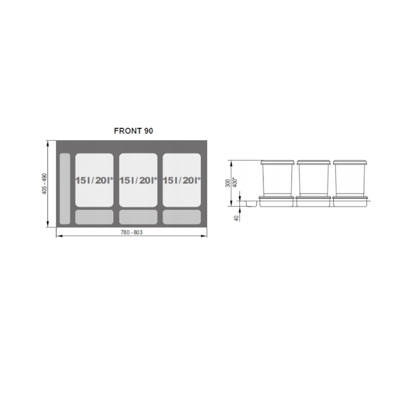 Waste separation system for drawers Waste separation system Waste separation system with 3 or 4 compartments for 90 cm drawers image 2