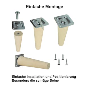 May include: Wooden furniture legs with metal mounting plates and screws. The legs are light-coloured and conical, with a flat bottom. The image also includes the text "Einfache Montage" and "Einfache Installation und Positionierung Besonders die schr&auml;ge Beine."