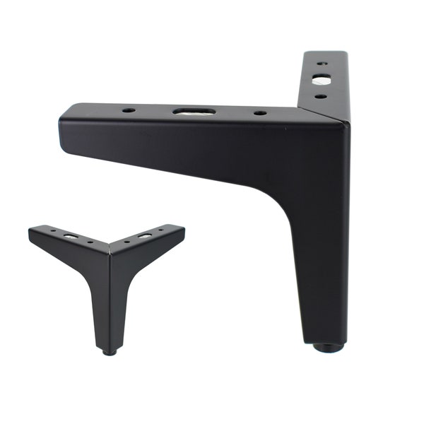 May include: Black metal furniture leg with a triangular base and a rounded top. The leg is designed to be attached to a piece of furniture, such as a sofa or table.