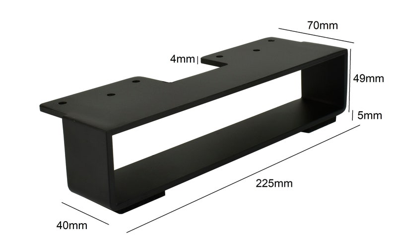 May include: A black metal bracket with a rectangular design. The bracket is 225mm long, 70mm wide, and 49mm high. It has a thickness of 5mm and a 4mm cutout. The bracket has pre-drilled holes for mounting.