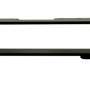 May include: A black, rectangular shelf bracket with a minimalist design. The bracket has a hollow center and is supported by two small feet. The top of the bracket has pre-drilled holes for mounting. The bracket is made of metal and has a matte finish.