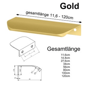 Könnte beinhalten: Goldfarbener Metall-Schrankgriff mit gebogenem Design. Der Griff ist 11,6 bis 120 cm lang. Der Griff ist mit einem Diagramm seiner Abmessungen dargestellt.