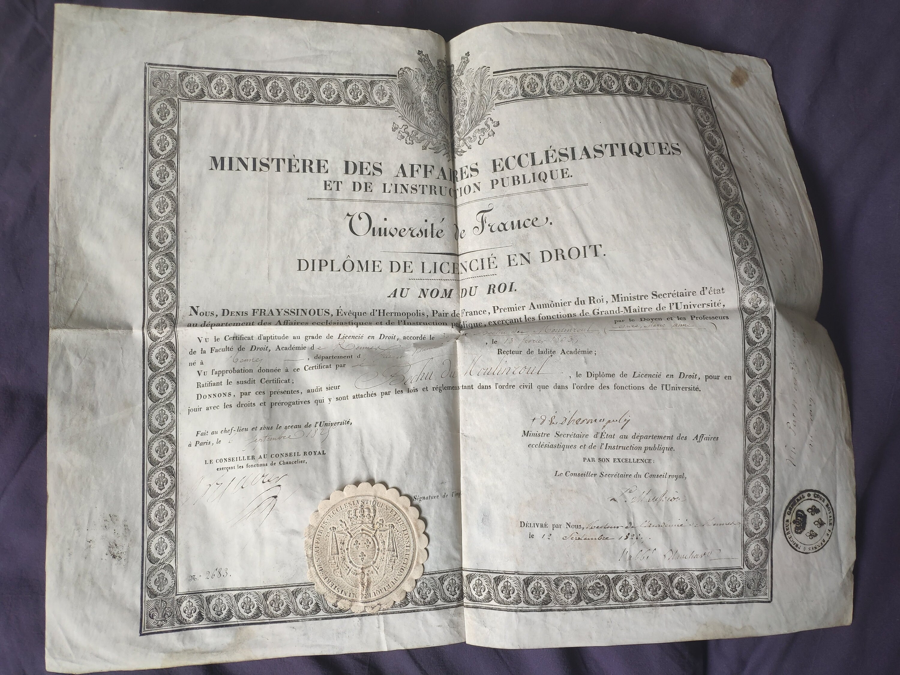 Parchemin 1825 Université de France Diplome Licencié en Droit Affaires Ecclésiastiques Publiques Fra