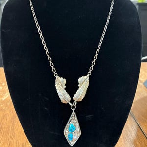 Vintage Navajo Sterling Silver + Turquoise Feather Necklace Signed K Kevin Yazzie