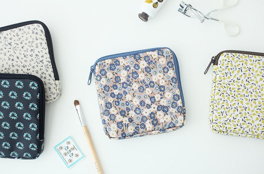 Floral Padded Square Makeup Pouch Personal Care Travel Bag, Feminine Essentials Organizer - Korea Made