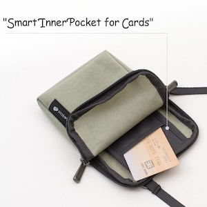K&ouml;nnte beinhalten: Eine olivgr&uuml;ne Umh&auml;ngetasche mit schwarzem Rei&szlig;verschluss und Riemen. Die Tasche ist ge&ouml;ffnet und zeigt eine Innentasche mit einer Kreditkarte. Der Text "Smart Inner Pocket for Cards" befindet sich &uuml;ber der Tasche.