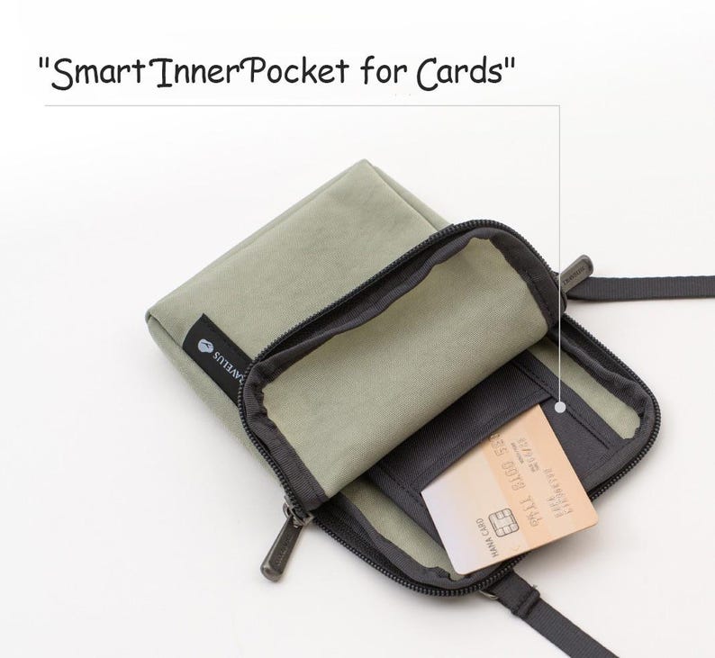 K&ouml;nnte beinhalten: Eine olivgr&uuml;ne Umh&auml;ngetasche mit schwarzem Rei&szlig;verschluss und Riemen. Die Tasche ist ge&ouml;ffnet und zeigt eine Innentasche mit einer Kreditkarte. Der Text "Smart Inner Pocket for Cards" befindet sich &uuml;ber der Tasche.