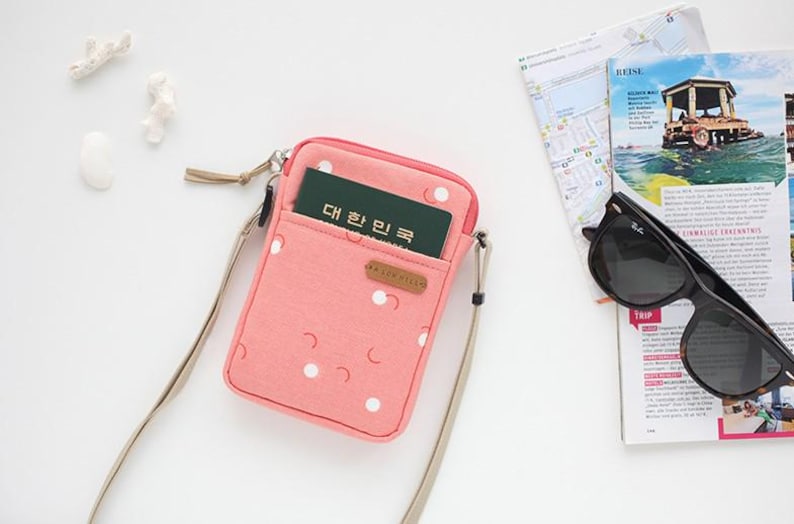 Bolso bandolera de lona para pasaporte o minibolso de hombro para teléfono inteligente - Hecho en Corea coral dots