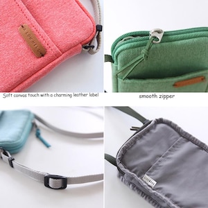 Puede incluir: Primeros planos de peque&ntilde;as bolsas de lona en rosa, verde y azul. Incluye una etiqueta de cuero con el texto "A LOW HILL", cremalleras suaves, correas ajustables y un interior de poli&eacute;ster resistente al agua.