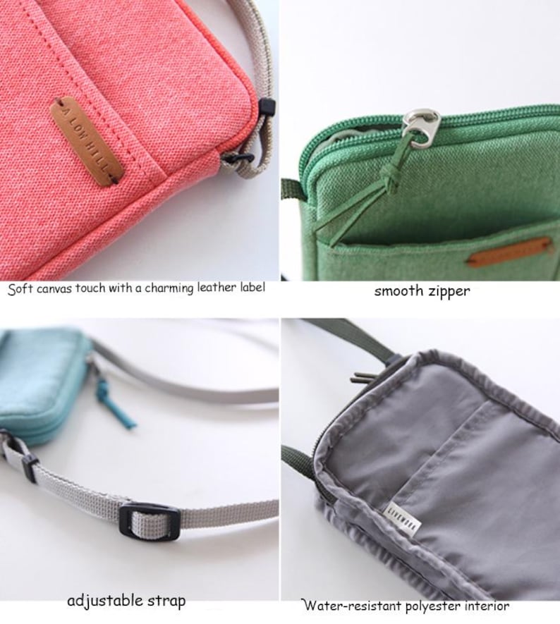 Puede incluir: Primeros planos de peque&ntilde;as bolsas de lona en rosa, verde y azul. Incluye una etiqueta de cuero con el texto "A LOW HILL", cremalleras suaves, correas ajustables y un interior de poli&eacute;ster resistente al agua.