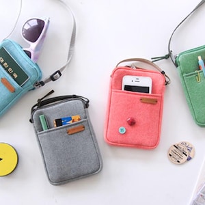 CANVAS PASSPORT BAG, Mini Shoulder Bag, Crossbody Phone Bag, Mobile Bag, Travel Phone Bag, Cell Phone Pouch, Small Messenger Bag, Korea Made