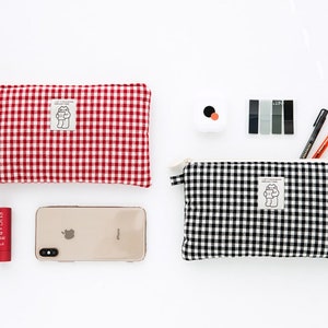 COSMETIC HAND POUCH, Small Makeup Pouch, Personal Care Organizer, Toiletry Pad Pouch, Pencil Case, Gingham Check Pattern Bag - Made in Korea