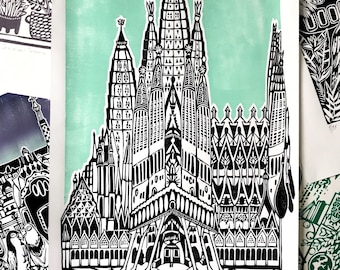 Sagrada Familia/Original linocut print Limited Edition linoprint Wall Decor Home Living Room Spain Barcelona Gaudi Traveler Cathedral Church