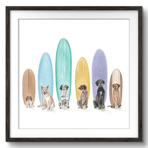 Surfing Dogs Art Print: Dog Breeds Poster, Beach Wall Decor