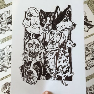 Same but different: Dogs/Original linocut print Handcarved Handprinted Limited Edition linoprint Artwork animals doglovers animallovers A4