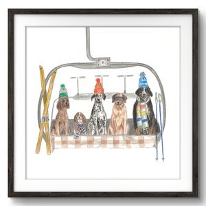 Skiing Dogs Aspen Winter Artprint Giclee art print Doglover Animallover Poster Pet portrait Dog illustration wall decor Dog nursery fine art