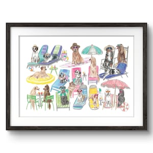 Summer Dogs Art Print: Beach Puppies Giclee Wall Decor