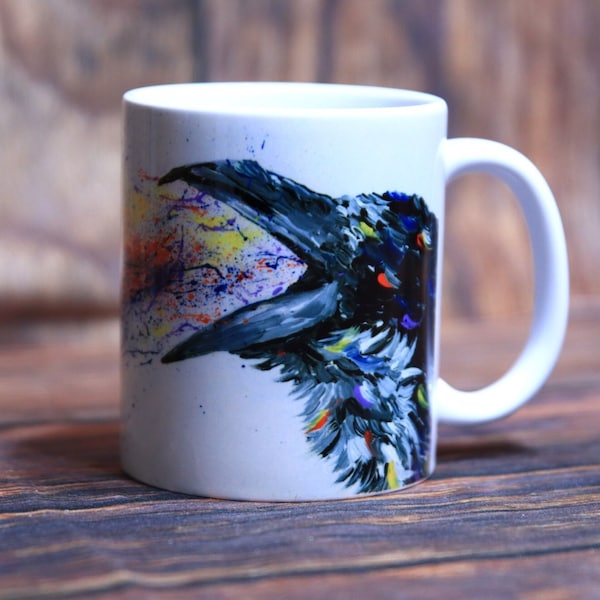 Cup raven print art print cup with animals drinking vessel bird cup animal cup acrylic paint crow cup gothic decoration