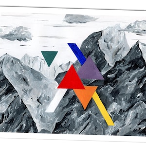 Tableau mural montagnes impression décoration murale montagnes carte postale peinture acrylique tableau Alpes montagnes décoration noir et blanc géométrie décoration
