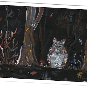 Wandbild Katze Deko Acrylgemälde Gemälde Druck Katze Wald Postkarte Waldliebe Wanddeko Tiere Kunstdruck Baum Bild Geschenk Katze