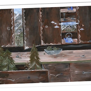 Peinture murale montagnes surréalistes impression décoration murale Alm Bavière carte postale peinture acrylique image Alpes décoration cabane de montagne forêt