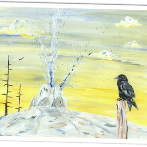 Wandbild Rabe Druck Wanddeko Krähe Postkarte Acrylgemälde Bild Rabe Deko Gothic Vogel Yellowstone Rabe USA Tiere Wandbild Geysir