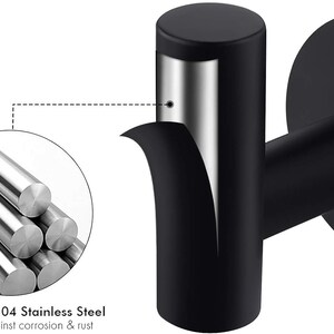 May include: Black metal hook with a round base. The hook is made of SUS304 stainless steel, which is resistant to corrosion and rust.