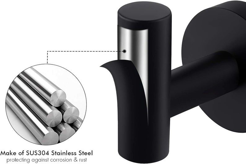 May include: Black metal hook with a round base. The hook is made of SUS304 stainless steel, which is resistant to corrosion and rust.