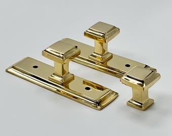 Unlacquered Brass Square Cabinet Knob with Bevel Backplate | Polished Brass Vintage Hardware