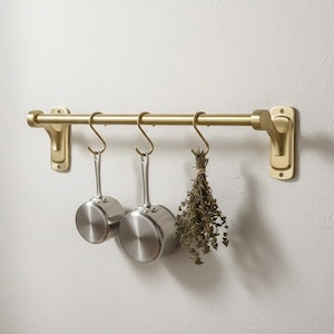 Unlacquered Brass Kitchen Rail with S-Hooks, Solid Pot Hanger, Farmhouse Organizer