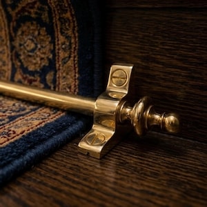 May include: A polished brass stair rod featuring a cylindrical bar and a decorative finial end piece. The metal bracket is secured with two flat-head screws, holding the rod in place against the edge of a blue and gold patterned stair runner.