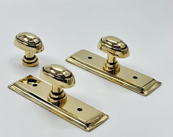 Unlacquered Polished Brass Oval  Knob with Bevel Backplate Solid Pull