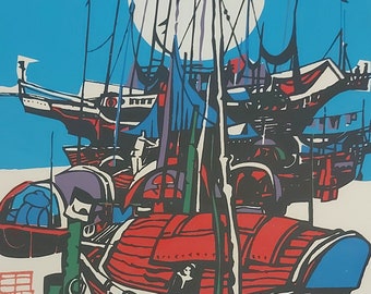 Vintage Mid-Century Filipino Limited Edition Serigraph Print Fishing Boats