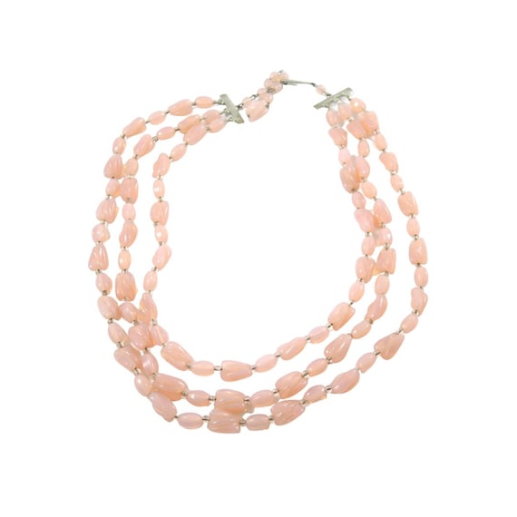 Vintage Triple Strand Pink Opalescent Glass Beade… - image 1