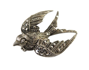 Broche de golondrina de marcasita de plata de ley alemana vintage