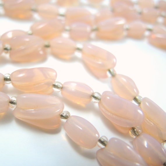 Vintage Triple Strand Pink Opalescent Glass Beade… - image 2