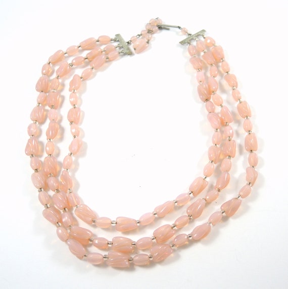 Vintage Triple Strand Pink Opalescent Glass Beade… - image 5