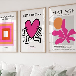 Set of 3 Digital Art, Keith Love Poster, Pink Orange Color Block Print, Matisse Poster Set, Gallery Wall Bundle, Museum Poster, Haring Print