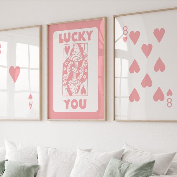 Trendy Retro Wall Art Set Of 3, Retro Trendy Aesthetic Print, Pink Ace Card Poster, Lucky You Poster, Trendy Wall Art, Funny Art, Digital,