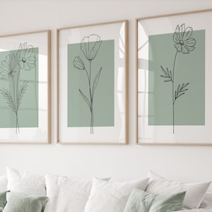 Green Botanical Line Art Print Set: Minimalist Home Decor (Digital Download)