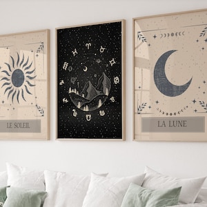 Juego de 3 piezas de Tarot Sol y Luna, Arte mural celestial, Póster de la luna, Póster del sol, Impresión astrológica, Descarga instantánea, Le Soleil, Decoración vintage para el hogar.
