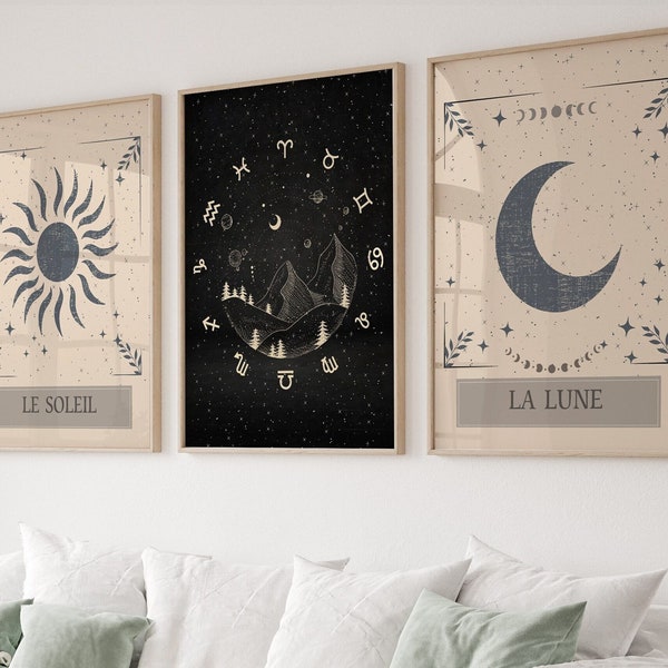 Sonne & Mond Tarot Art 3er Set, Celestial Wandkunst, Mond Poster, Sonne Poster, Astrologie Druck, Sofort Download, Le Soleil, Vintage Dekoration,