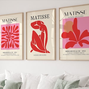 Ensemble de 3 oeuvres d'art murales Henri Matisse, ensemble mural de galerie, ensemble d'impressions Matisse rouge rose, affiches Matisse, affiche de l'exposition Matisse, estampes Matisse,
