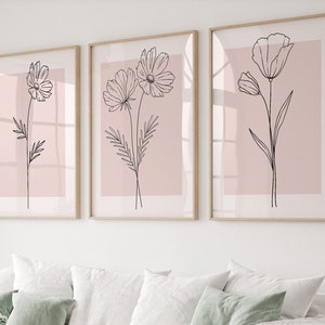 Pink Wall Art Set Of 3, Botanical Wall Decor, Plant Wall Art, Botanical Art, Pink Home Decor, Flower Wall Print, Pink Wall Art, Line Art