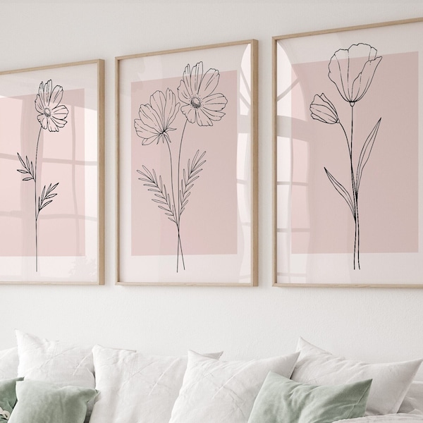 Pink Wall Art Set Of 3, Botanical Wall Decor, Plant Wall Art, Botanical Art, Pink Home Decor, Flower Wall Print, Pink Wall Art, Line Art