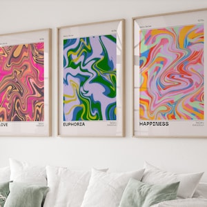 Juego de 3 cuadros de pared con degradado retro, degradado granulado, póster de afirmación, degradado de aura retro, decoración estética de habitaciones, decoración psicodélica para el hogar