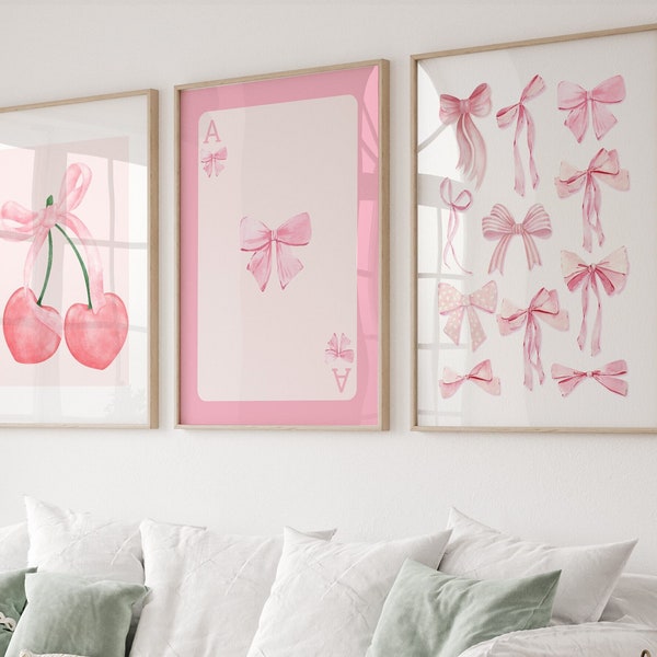 Trendy Pink Schleifen Wand Kunst 3er Set, Preppy Poster, College Wohnung Dekor, Aquarell Bögen Druck, kokette Raumdekoration, Girly Wandkunst,