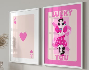 Trendy Retro Wall Art Set Of 3, Retro Trendy Aesthetic Print, Pink Ace Card Poster, Lucky You Poster, Trendy Wall Art, Funky Art, Digital,