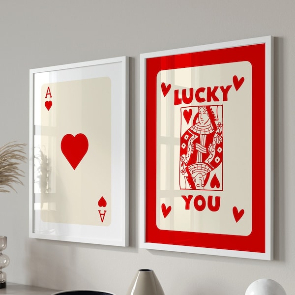 Trendy Retro Wall Art Set Of 3, Retro Trendy Aesthetic Print, Red Ace Card Poster, Lucky You Poster, Trendy Wall Art, Funny Art, Digital,